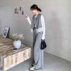 蕾丝拼接马甲阔腿裤套装女春秋2026新款两件套小香风ootd穿搭休闲