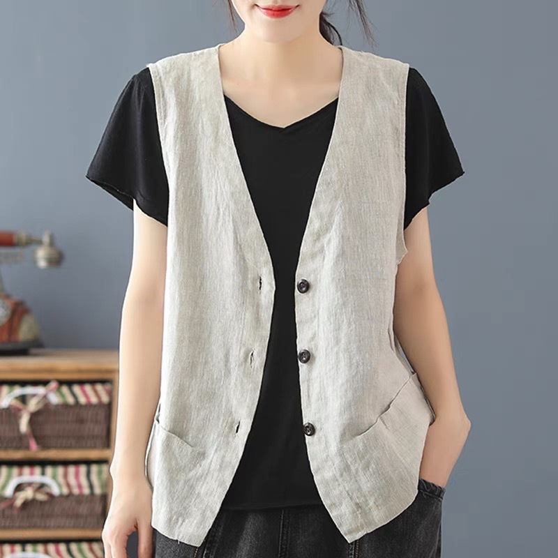 Chaleco de algodón y lino, chaqueta pequeña, verano para mujer 2025, nuevo estilo, chaleco fino, chaleco informal suelto y delgado