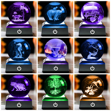 跨境内雕3D水晶球动物图案方形触摸感应彩光小夜灯水晶球桌面摆件