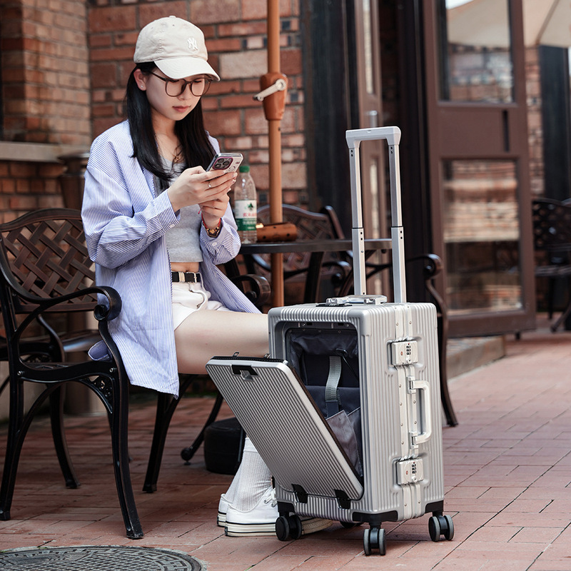 Front-Opening Luggage for Women 20inch Boarding USB Computer Multi-Function Mobile Phone Holder Aluminum Frame Trolley for Men 24inch Password Box