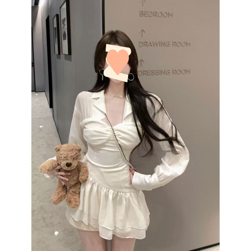 甜辣妹长袖衬衫连衣裙女春秋纯欲白色方口领褶皱收腰显瘦蓬蓬短裙|undefined