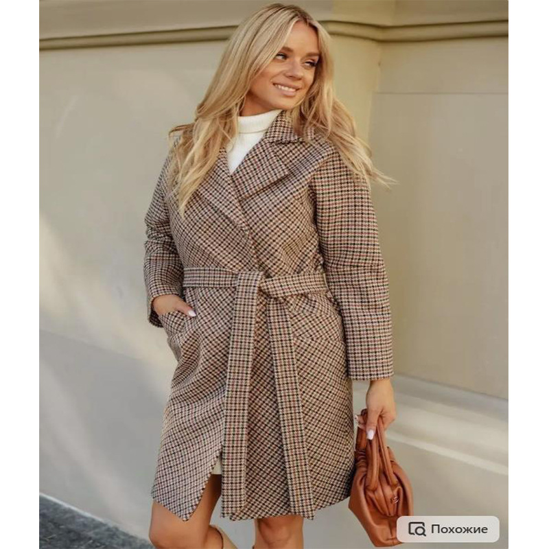 Autumn and Winter New Loose Quilted Thickeneded Warm Houndstooth Mid-Length Woolen Outwear Woolen Suit Jacket for Women