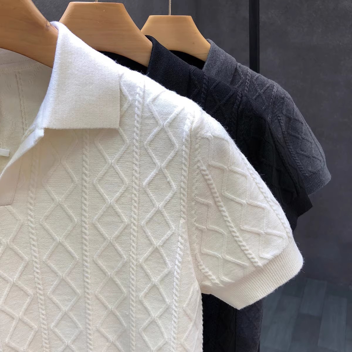 Men's Clothing Plus Size Men's Shirt Style Short Sleeved V Neck Business Collar Cable Knit T-Shirt For Formal & Casual_voghion.com