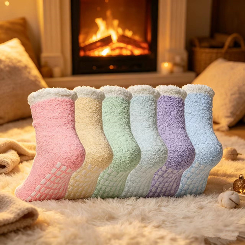 Amazon Slippers Socks with Catcher Microfiber Coral Velvet Socks Crew Women's Home Sleeping Socks Anti-Slip Socks