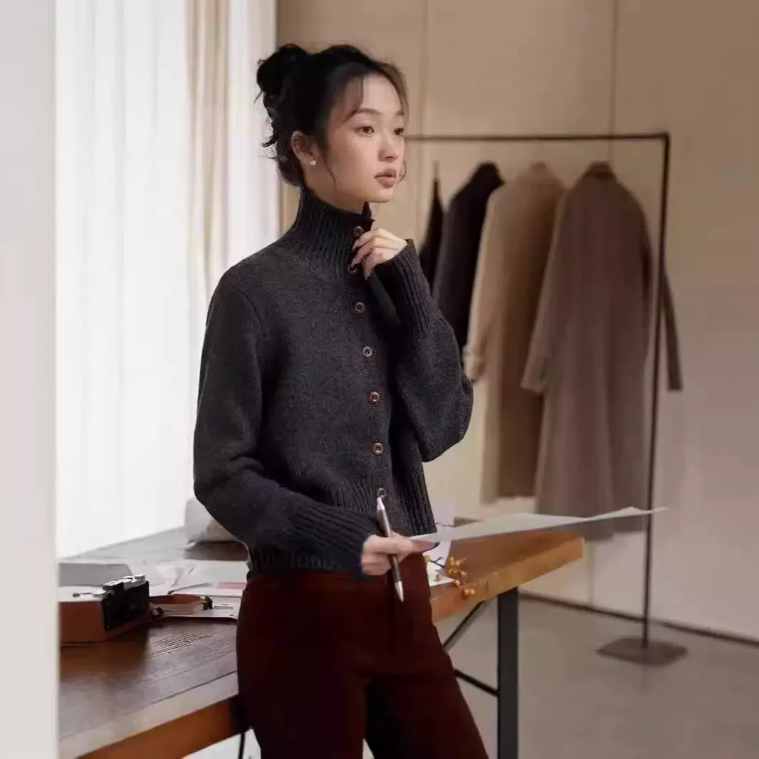 2024秋冬新款立高领羊绒百搭韩版羊毛针织开衫外套毛衣女装上衣潮