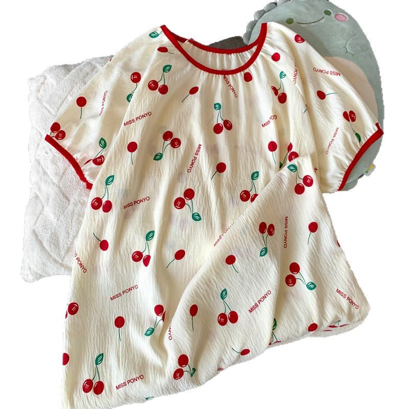 Nubes pijamas de hilo de algodón, camisón de manga corta para mujer, estilo fino de verano, cereza dulce, talla grande, ropa de hogar para exteriores, verano