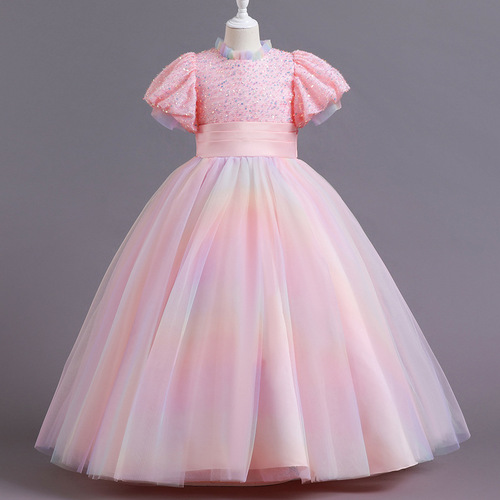 GIRL'S COURT STYLE DRESS WITH BUBBLE SLEEVES, SPARKLING CHOCOLATE NET, Puffy Princess Dress, Long Train, Gradient Evening Gown, Flower Girl Dress