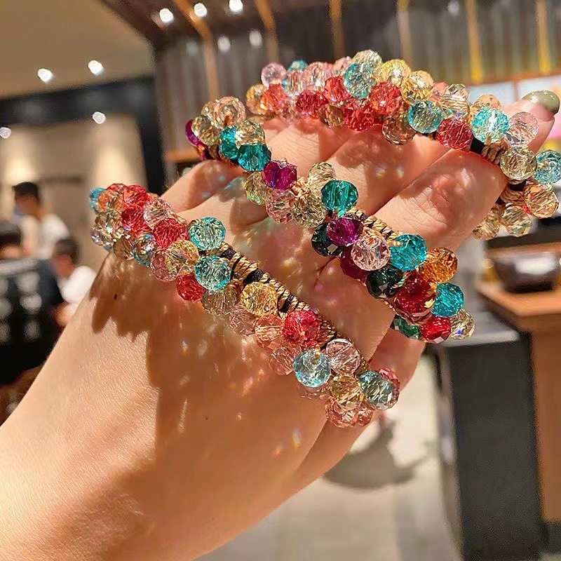 New Korean Dongdaemun Color Crystal Bracelet Hair Ring Dual-purpose Elastic Rubber Bands Handmade Beaded Hair Accessories Headline