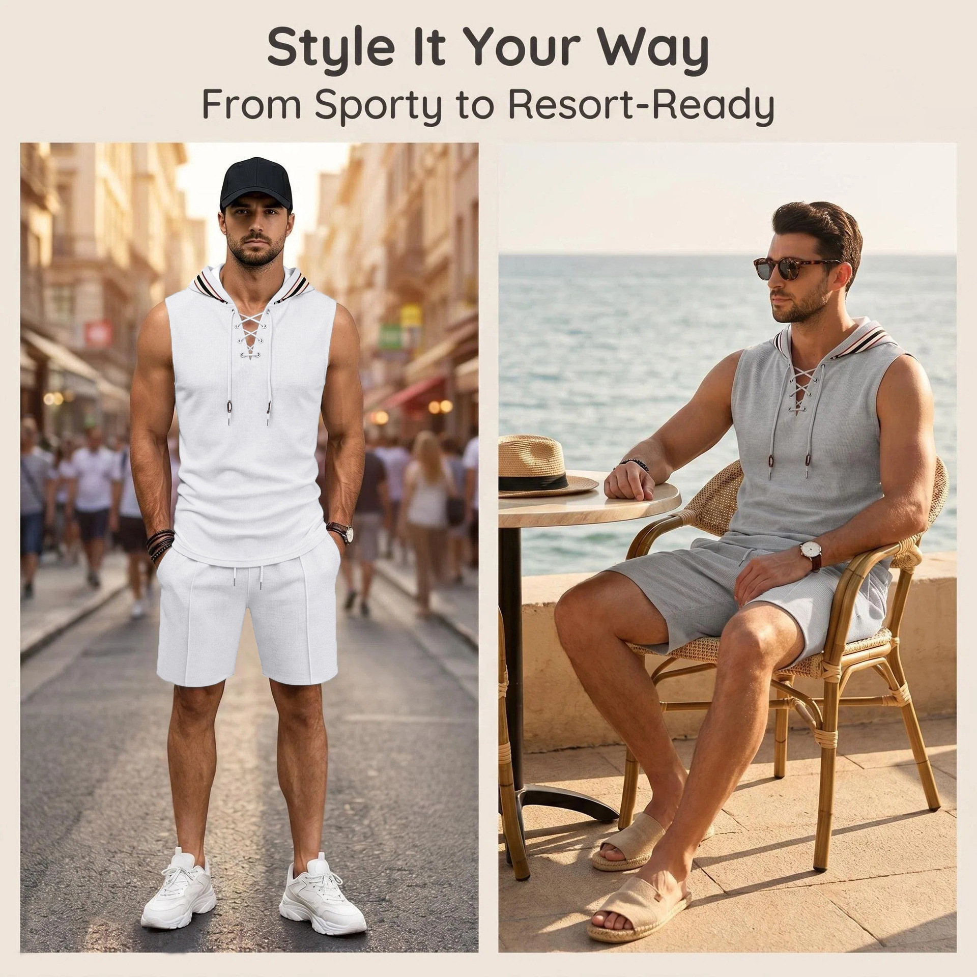 Men's Summer Hooded Vest And Shorts Set, Casual Loose Fit Breathable Athletic Two-Piece Outfit With Color Block Design_viptrois.com