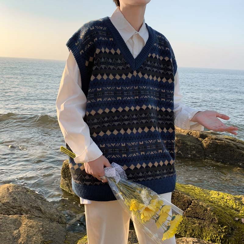 Estilo coreano 2023 otoño nuevo suéter chaleco rayas suéter costura suéter sin mangas V-cuello nueva llegada