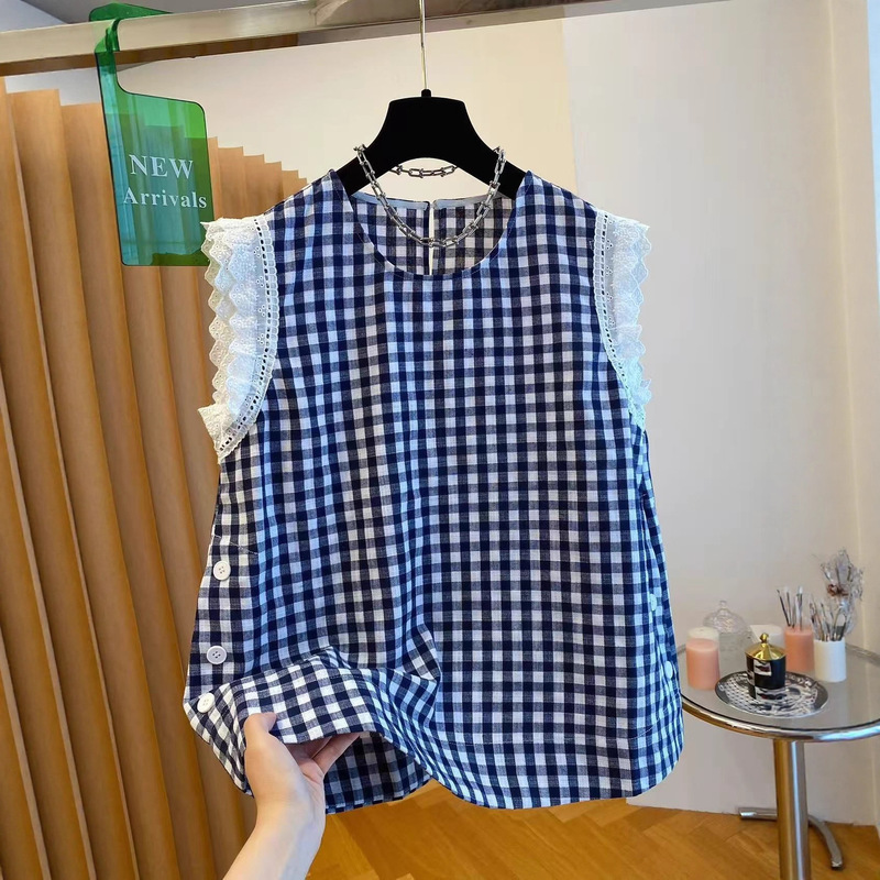 High-End Lace Splicing Sleeveless Top for Women Summer 2025 New Loose Style Shirt Black and White Plaid Doll Shirt High-End Lace Splicing Sleeveless Top for Women Summer 2025 New Loose Style Shirt Black and White Plaid Doll Shirt