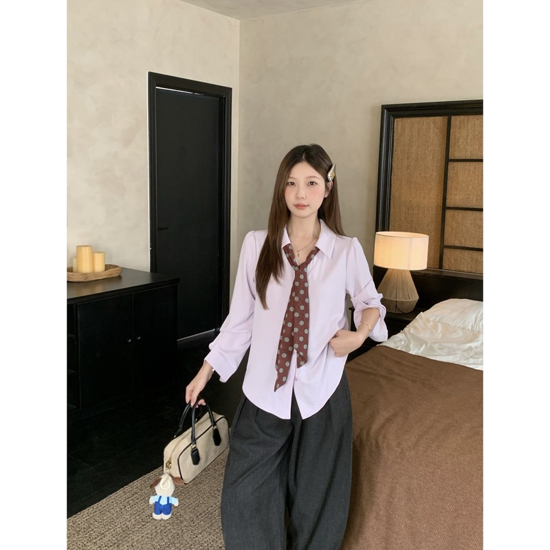 实拍2025秋季新款胖mm大码韩版气质显瘦设计感波点领结衬衫80357|undefined