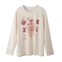 2025秋季新款女装趣味休闲猫咪苹果印花宽松长袖T恤上衣 450281