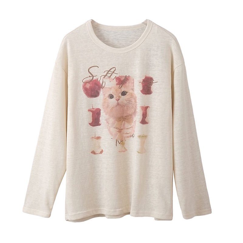2025秋季新款女装趣味休闲猫咪苹果印花宽松长袖T恤上衣 450281