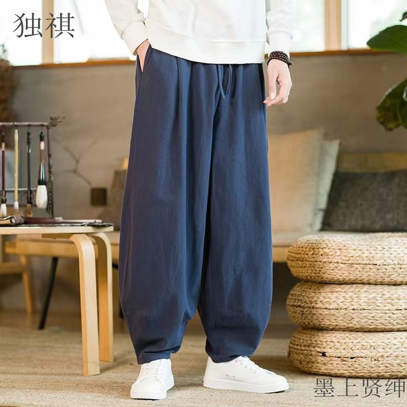 Chinese-style linen trousers for men, spring/summer, loose fit, plus size, wide-leg, lantern pants, cotton and linen straight leg, Tang suit casual trousers.
