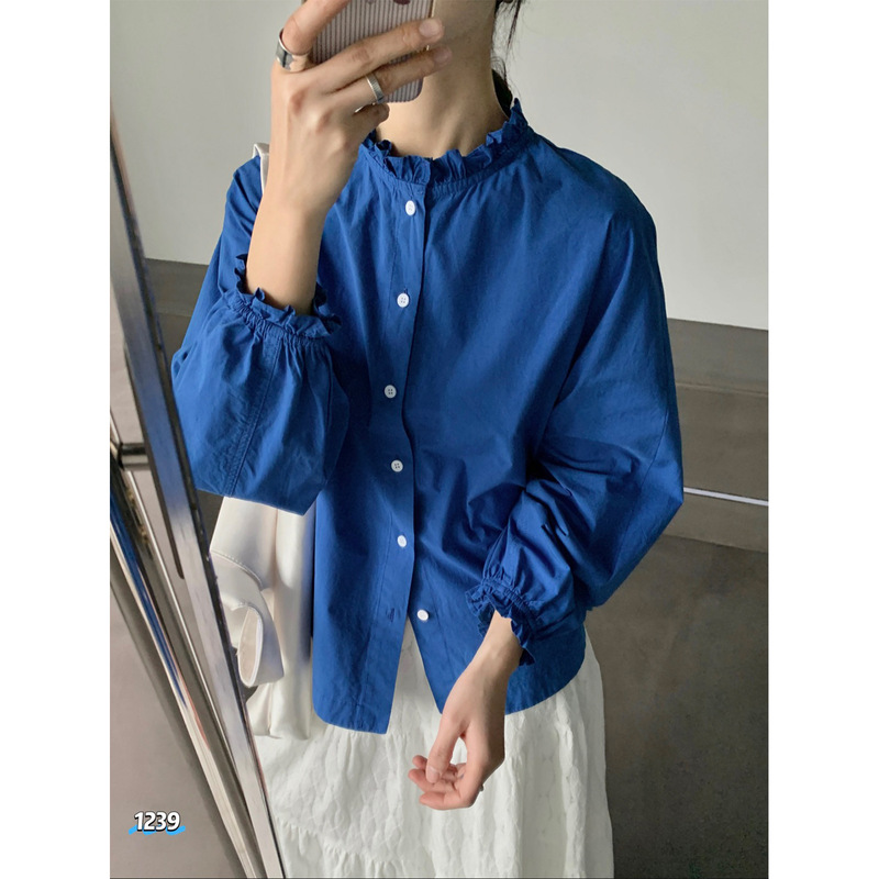 Korean-Style Elegant and Sophisticated Shirt for Women, Flattering Royal Blue, Ruffled Collar, Long-Sleeve Blouse Zsup