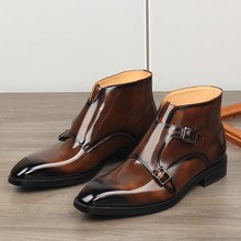 鞋子冬季高帮鞋男士韩版尖头休闲皮靴商务短靴加绒牛皮男靴广州靴