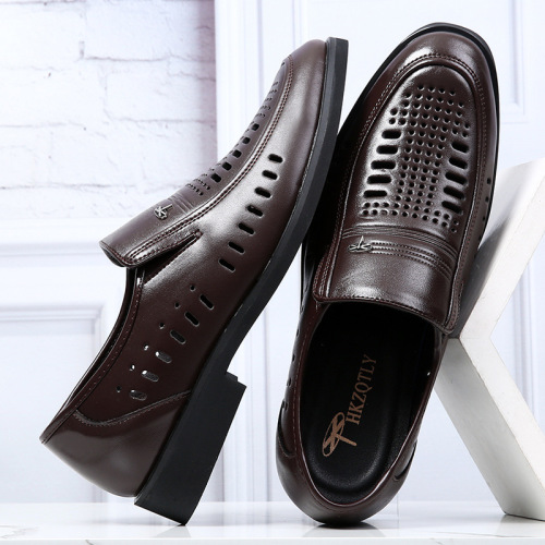 Leather Sandals Men's Genuine Leather Summer Men's Business Formal Wear Hollow Brown Anti-odor Cowhide Hollow Middle-aged and Elderly Dad Shoes