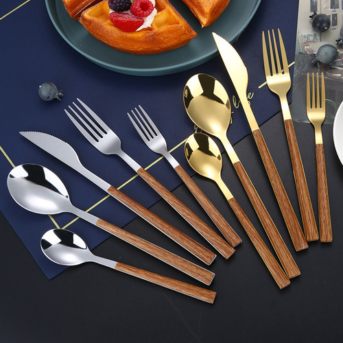 Stainless steel imitation wood grain Korean style handle knife and fork spoon dessert spoon and fork tableware set hotel retro western tableware set