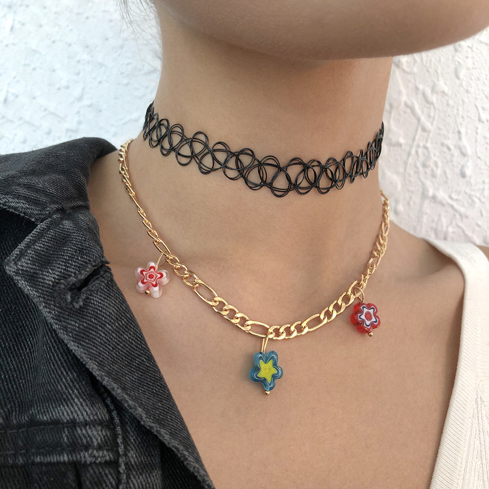 Fashion Gold Color Resin Flower Chain Multilayer Necklace