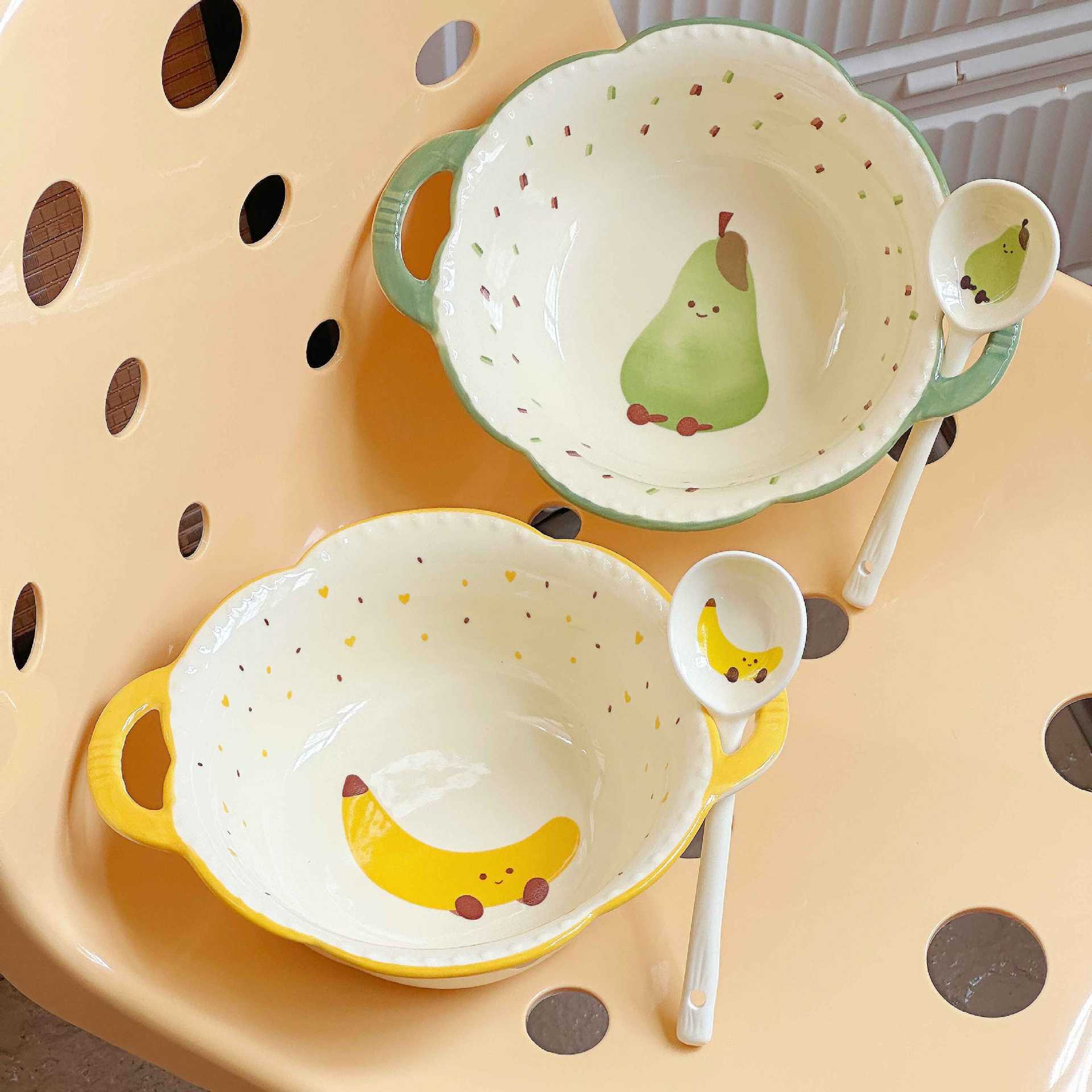 [Four-piece set] [Banana + Green Pear] 8.5-inch large soup bowl + spoon