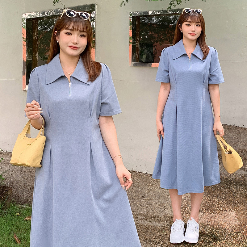 Plus-size women's zippered long dress, slimming and flattering for pear-shaped figures (up to 200 lbs), polo collar dress, size 3089.