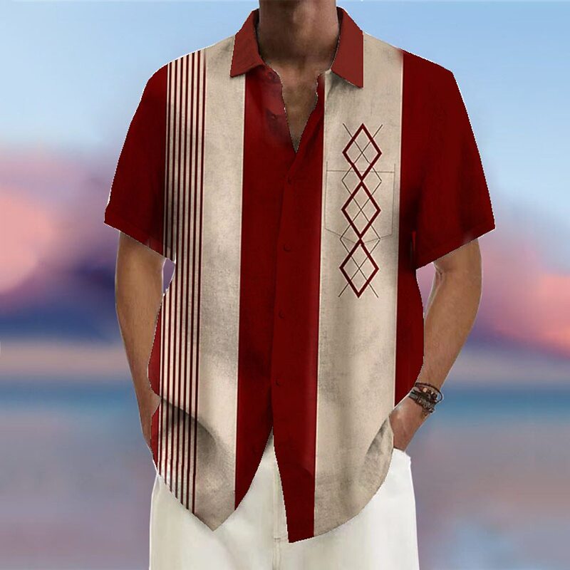 Men's shirt summer Hawaiian shirt bowling shirt striped pattern printed geometric lapel shirt