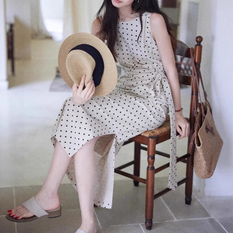 Elegant Polka Dot Dress for Women - Summer Side-Waist Cinched Linen Cotton French Style Long Dress Elegant Polka Dot Dress for Women - Summer Side-Waist Cinched Linen Cotton French Style Long Dress