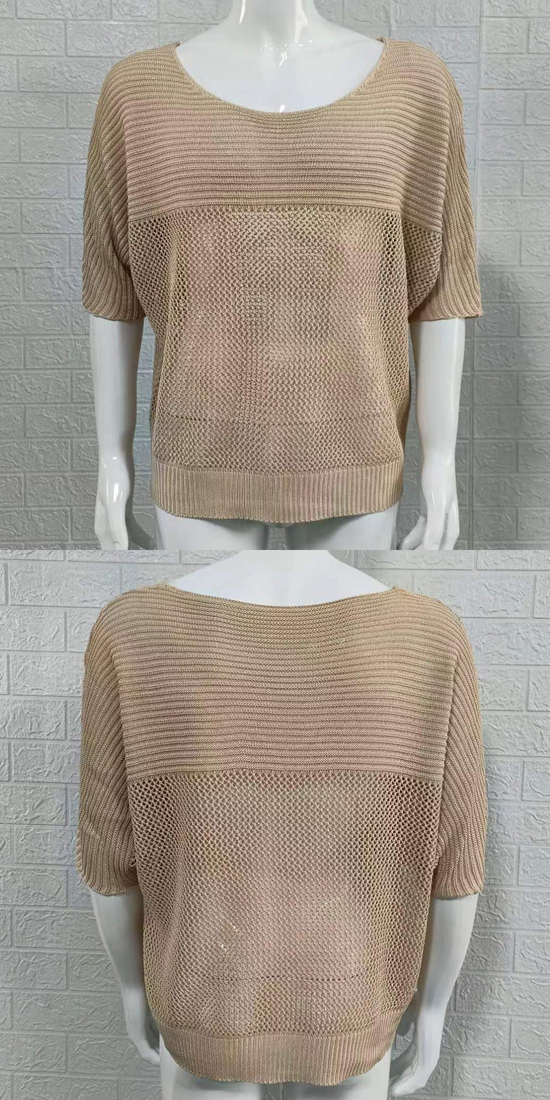 Dünner hohler Strickpullover mit Rundhalsausschnitt und kurzen Ärmeln, Pullover, Oberteil, Sommer, Slim Fit, Herrenbekleidung_voghion.com