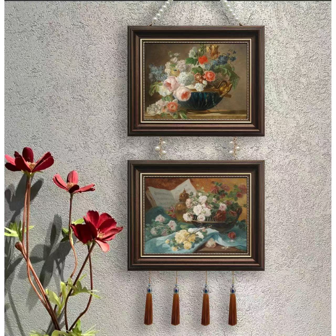 装饰画挂画两联带珠链美式法式现代欧式餐厅客厅沙发两联流苏摆件