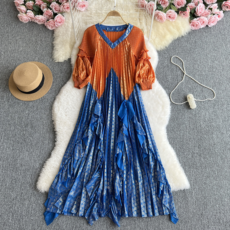 Women's Clothing Summer Design Lotus Leaf Edge Wood Ear Edge Pleated Gold Stamping Heavy Seaside Holiday Dress_ecoleips.com