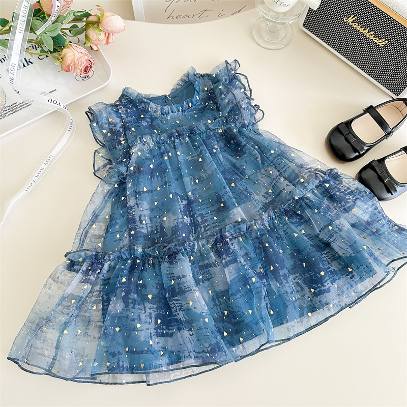 Vesta de niña 2025 verano nuevo vestido de niños de estilo extranjero mangas pequeñas falda de princesa de bebé de verano pantalón de malla