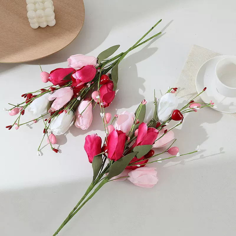 新款仿真花五头蝴蝶郁金香情人节爱心浆果插支装饰跨境亚马逊仿真