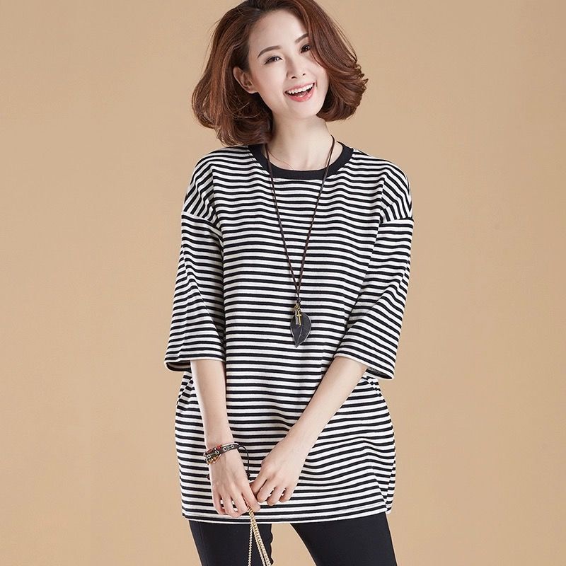 300kg plus size short-sleeved T-shirt striped loose 200kg summer loose mid-length women's top
