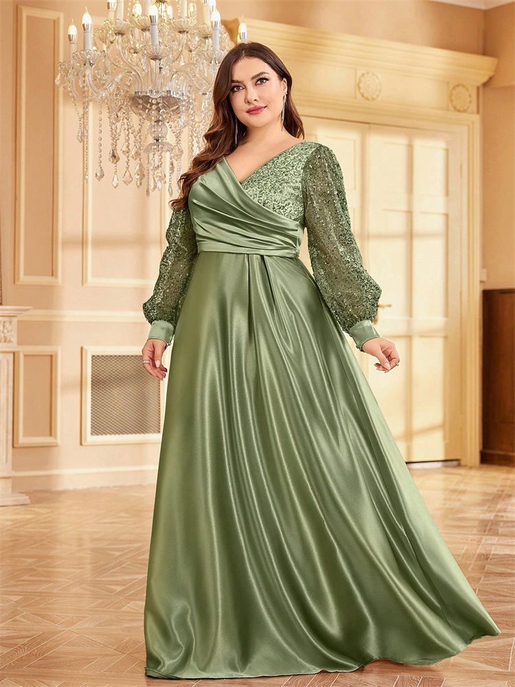 ChicShe Cross-Border Neues elegantes Plus-Size-Kleid aus Satin mit Pailletten, langen Ärmeln, V-Ausschnitt, schmal geschnitten, für Brautjungfern, Bankette und Abendveranstaltungen_voghion.com