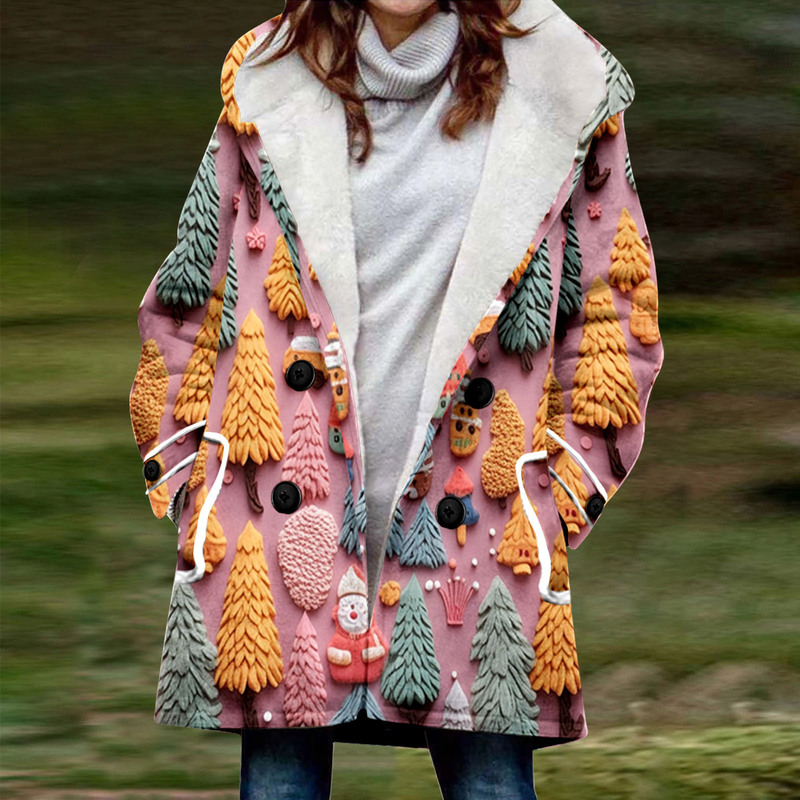 Cross-border European and American style Christmas pattern women's trench coat 2023 new winter thickened hooded coat wholesale