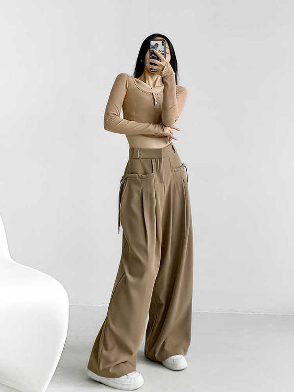American Retro Hot Girl Style High-Waist Draped Pants for Women with Design Side Laces and Elegant Casual Straight Wide-Leg Pants