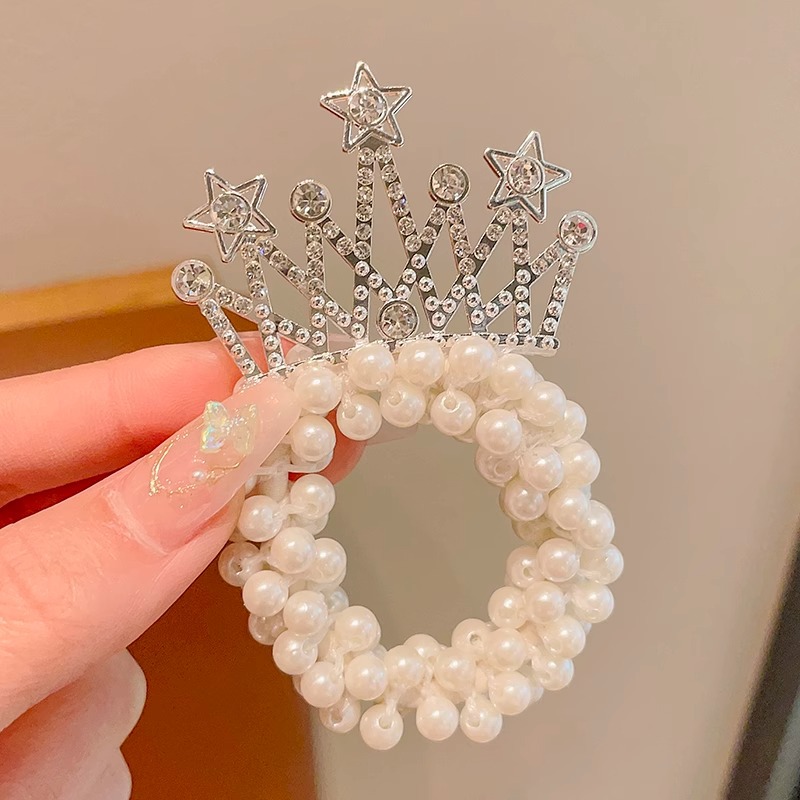 Cuerda de pelo de princesa para niños Super Fairy Girl Pearl Crown hair Ring tie Ball Head accesorios para el cabello Girl Crown hair rope tocado