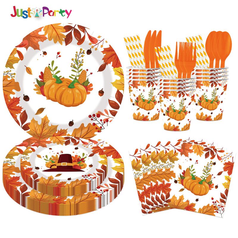 Thanksgiving Turkey Pumpkin Themed Party Disposable Paper Plates, Napkins, Paper Cups, Straws, Party Decoration Supplies Set