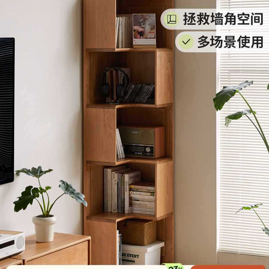 Solid Wood Corner Bookcase Living Room Floor-Standing Storage Cabinet Antique Style Cherry Wood Wall Corner Storage Cabinet