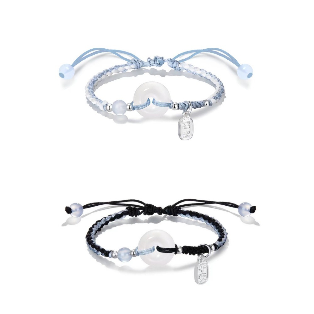 New Chinese Style Fresh and Safe Buckle Hand Rope Girl's Jade Blue Chalcedony Beads All-match Couple's Woven Bracelet Men's Bracelet