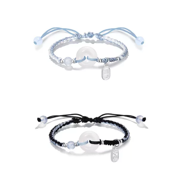 New Chinese Style Fresh and Safe Buckle Hand Rope Girl's Jade Blue Chalcedony Beads All-match Couple's Woven Bracelet Men's Bracelet