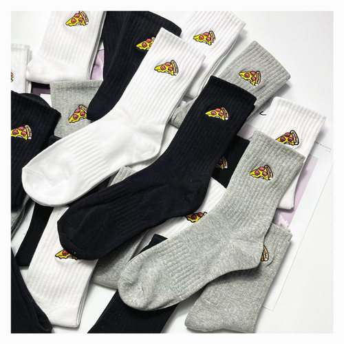 ins Japanese version of trendy brand cartoon pizza burger embroidered socks retro outer wear for men and women sports mid-tube pure cotton socks