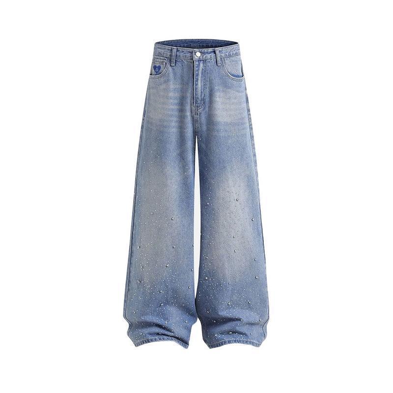 Men's Clothing High Waisted Plus Size Straight Leg Jeans Rhinestone Washed Denim Loose Fitting For Men European And American Style_voghion.com