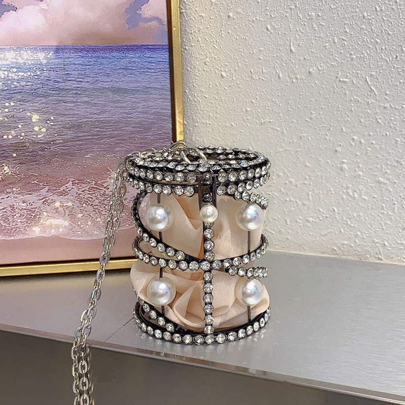 Elegant Metal Pearl Bucket Bag - Sparkling Diamond Hollow Out Chain Silk Handbag & Crossbody Bag For Banquets - Thumbnail 2