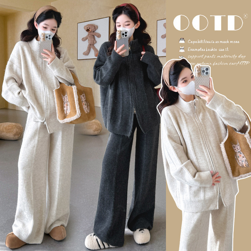 Maternity wear, autumn/winter casual set, trendy new style for stylish moms, zip-up stand-up collar sweater jacket and wide-leg pants, two-piece set Maternity wear, autumn/winter casual set, trendy new style for stylish moms, zip-up stand-up collar sweater jacket and wide-leg pants, two-piece set