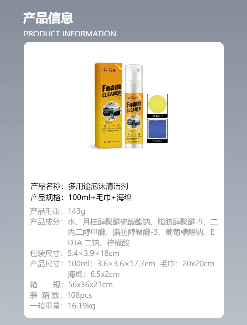 Homonth Multi-Purpose Foam Cleaner, Car Interior Decoration Leather Maintenance, Anti-Fouling, Gloss and Renovation Agent
