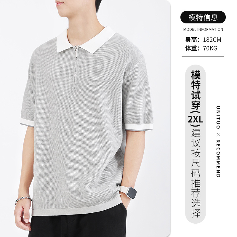 Hombres polo de verano para hombres, camiseta de punto de alta calidad de seda de hielo secado rápido con solapa de color contrastante, ropa transpirable de mangas cortas para hombres