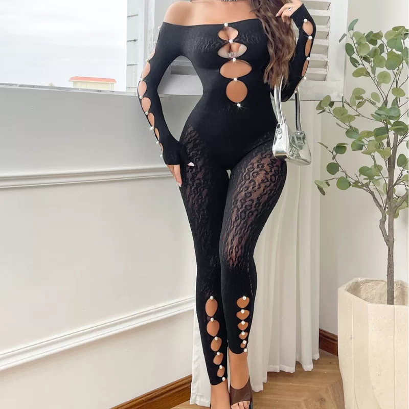 DY-015 Cross-border Sex Spelling Pearl Leopard Plane Netwear sexy highlights long-sleeved pants