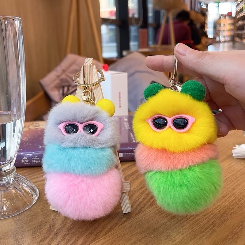 Cute Cartoon Caterpillar Imitation Rex Rabbit Fur Candy Treasure Plush Keychain Pendant Versatile Accessories Fur Ball Backpack Pendant